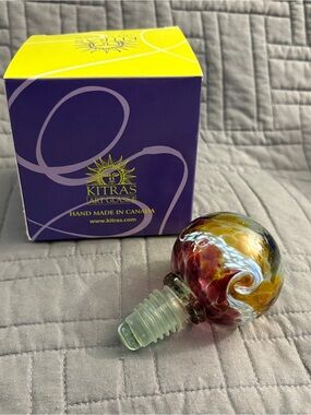 Kitras Art Glass Bottle Stopper Orange, Red & White Swirl Abstract Hand Blown